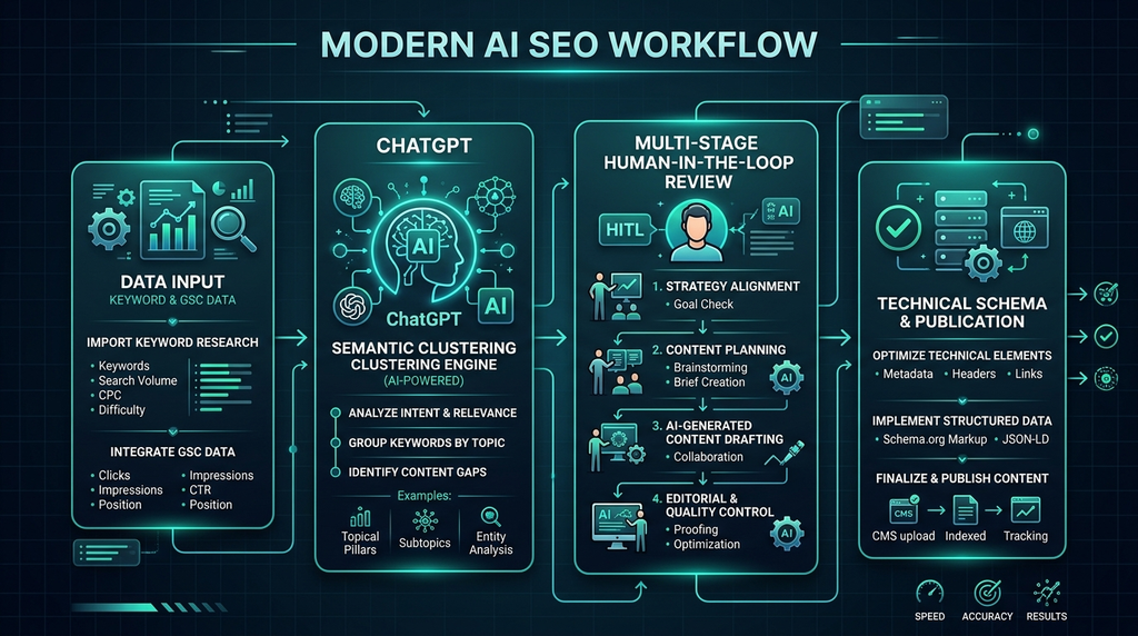 ChatGPT SEO tools dashboard showcasing keyword ranking metrics, generative engine optimization analytics, and entity clustering interface